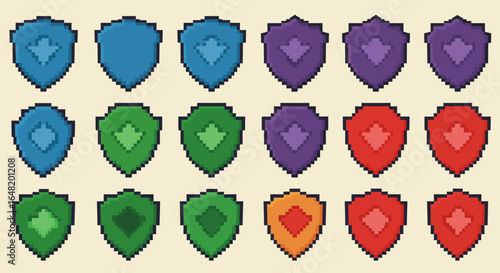 Set of colorful pixel art shield icons in blue, purple, green, red and orange, isolated on light background. Retro 8-bit style badge collection for games, UI, assets and fantasy themes.