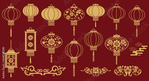 Collection of traditional Chinese lantern icons in elegant gold line art on a red background. Includes various lantern shapes and decorative frames. Ideal for festive or cultural designs