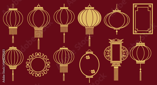 Collection of traditional Chinese lantern icons in elegant gold line art on a red background. Includes various lantern shapes and decorative frames. Ideal for festive or cultural designs