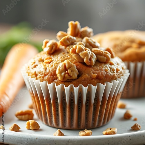 Organic carrot and walnut muffins sweetened naturally with maple syrup.