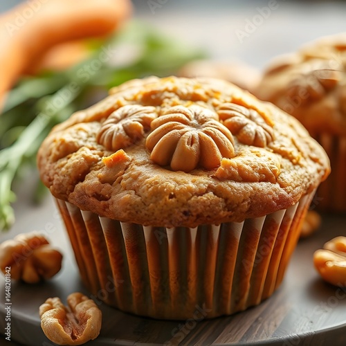 Organic carrot and walnut muffins sweetened naturally with maple syrup.