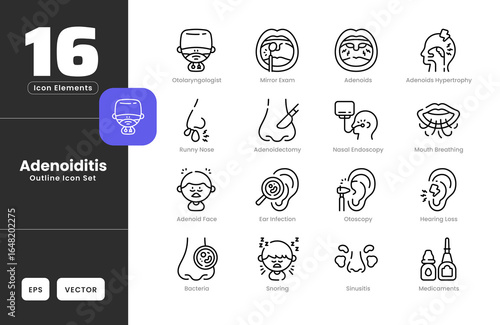 Adenoiditis Symptoms Icon Set Collection - Outline Line Art Style. Adenoid Face, Adenoidectomy, Adenoids Hypertrophy, Adenoids, Bacteria, Ear Infection, Hearing Loss, Medicaments, Mirror Exam.
