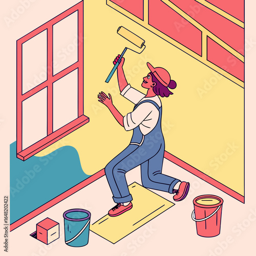 Wall painter coloring room, cheerful flat vector.