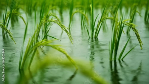 Rain-Kissed Rice Paddy: Close-Up of Green Rice Plants in Watery Field