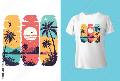 Colorful summer t-shirts on display at a vibrant store during sunny days.	
