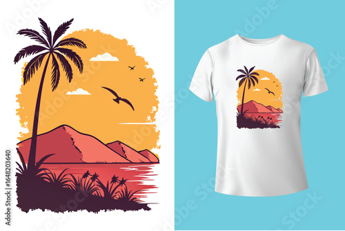 Colorful summer t-shirts on display at a vibrant store during sunny days.	