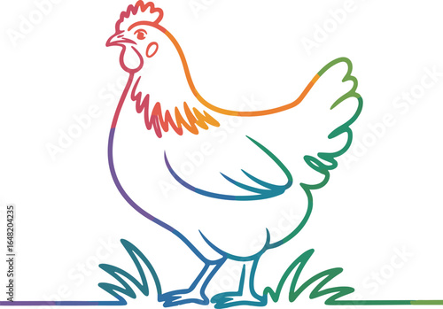 Multicolor One-Line Chicken Sketch Dynamic Outline, Color Gradient, Artistic Farm Animal, Flowing Single Stroke Drawing