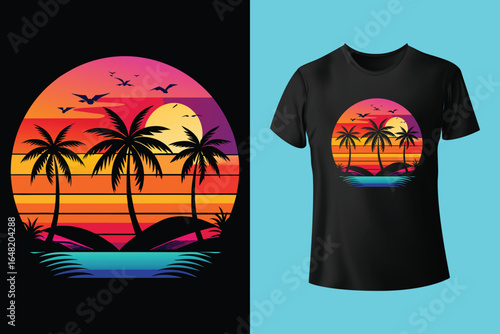Colorful summer t-shirts on display at a vibrant store during sunny days.	