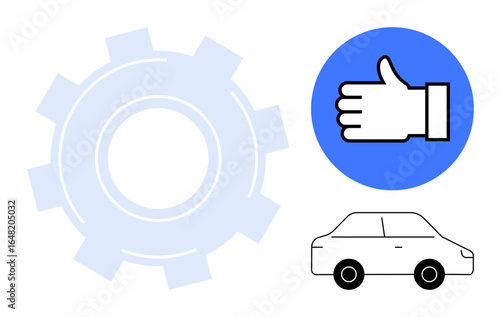 Gear mechanism design, thumbs-up for approval on a blue circle, and a compact car outline. Ideal for technology, automotive innovation, service quality, reliability, mechanics, transportation