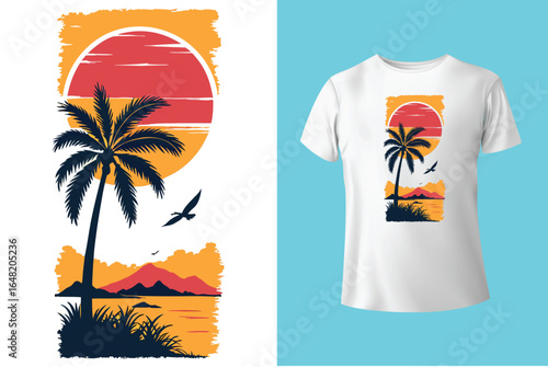 Colorful summer t-shirts on display at a vibrant store during sunny days.	