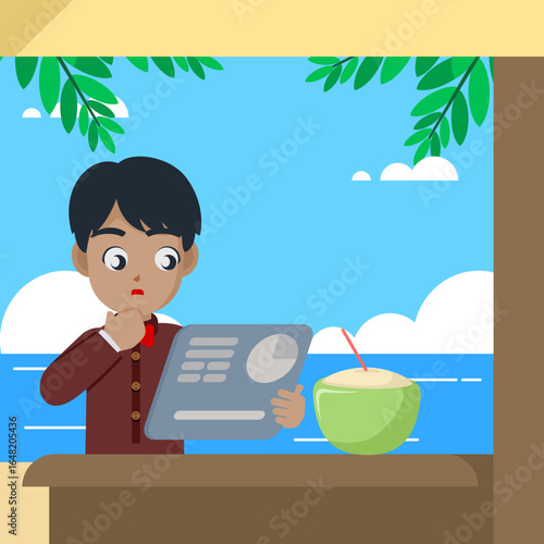 Javanese man in traditional attire reads sales data on tablet in bamboo beach hut, Lombok. Tropical vibes meet digital nomad lifestyle in clean flat vector.

Let me know if you'd like a shorter versio