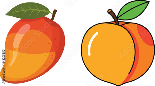 Mango and peach cartoon vector illustration, ripe summer fruits with leaves
