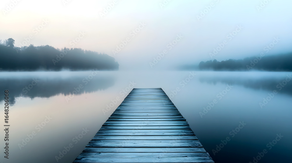 Obraz premium Solitary Wooden Dock Glassy Lake