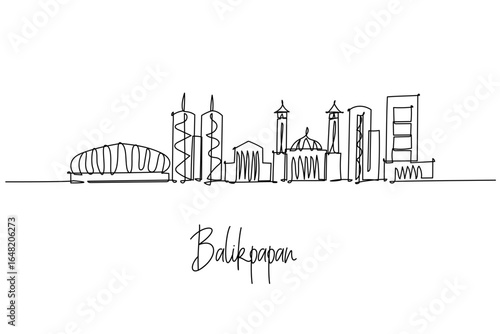 Balikpapan city skyline in Indonesia as a single line drawing with Batakan Stadium and coastal towers, a minimalist city silhouette concept showcasing East Kalimantan energy and seaport spirit.