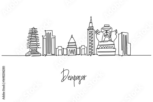 Denpasar city skyline in Indonesia as a continuous line drawing featuring Bajra Sandhi and Garuda Wisnu Kencana, a minimalist city silhouette concept echoing Bali culture temples and modern tourism.