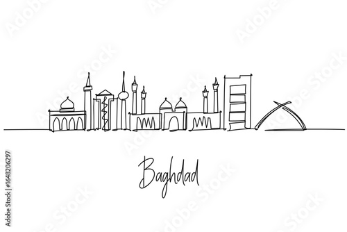 Baghdad city skyline of Iraq in a one line drawing with Martyrs Monument, Baghdad Tower, and Victory Arch, a minimalist city silhouette concept reflecting Tigris river heritage and resilient culture.