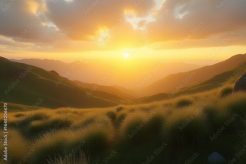 Obraz premium Golden Hour Sunset over Rolling Green Hills