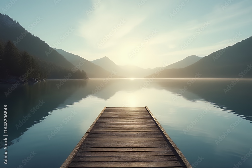 Fototapeta premium Serene Sunrise over Mountain Lake with Wooden Dock