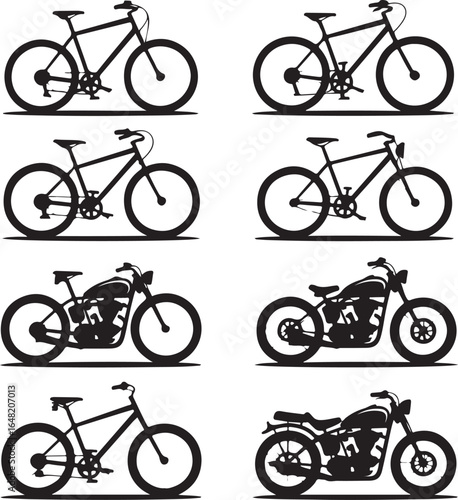 Bicycle and Motorcycle Vector Silhouettes Collection for Transportation and Recreation Designs Featuring Mountain Bikes Road Bikes and Classic Motorbikes Isolated on White Background