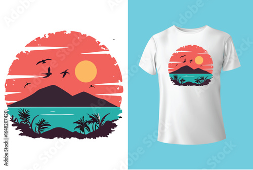 Colorful summer t-shirts on display at a vibrant store during sunny days.	