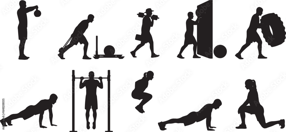 Fototapeta premium Black silhouettes of people performing various high-intensity fitness and workout exercises