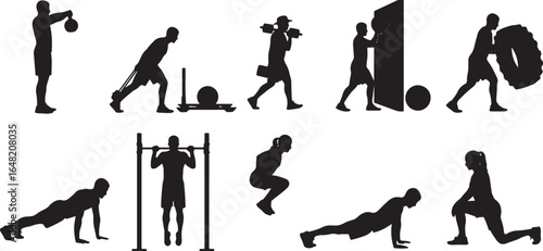 Black silhouettes of people performing various high-intensity fitness and workout exercises