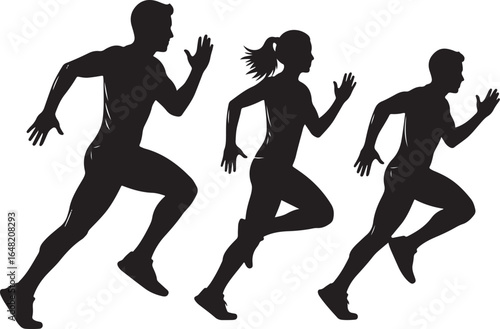  Black silhouette of a woman and two men running in a group competition