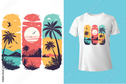 Colorful summer t-shirts on display at a vibrant store during sunny days.	