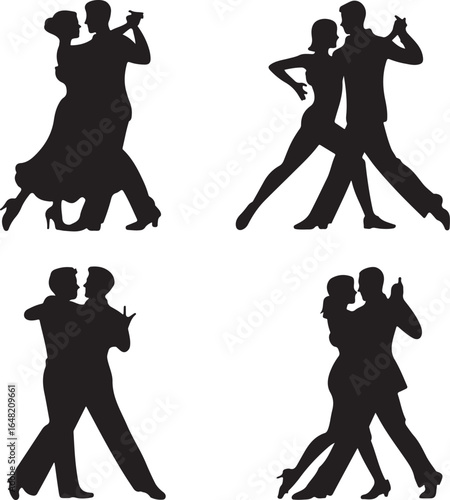 Elegant Silhouettes of Couples Dancing Ballroom Tango and Waltz Poses on White Background for Valentines Day and Special Events Invitation Designs