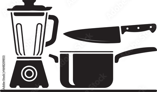 Essential kitchen tools blender saucepan and chefs knife showcasing culinary preparation and cooking utensils ideal for food blogs recipes and kitchenware promotions