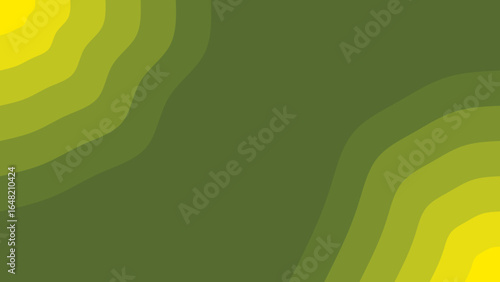 A vibrant abstract background features smooth, curving yellow and green wave patterns emanating from opposite corners on a deep olive-green field.