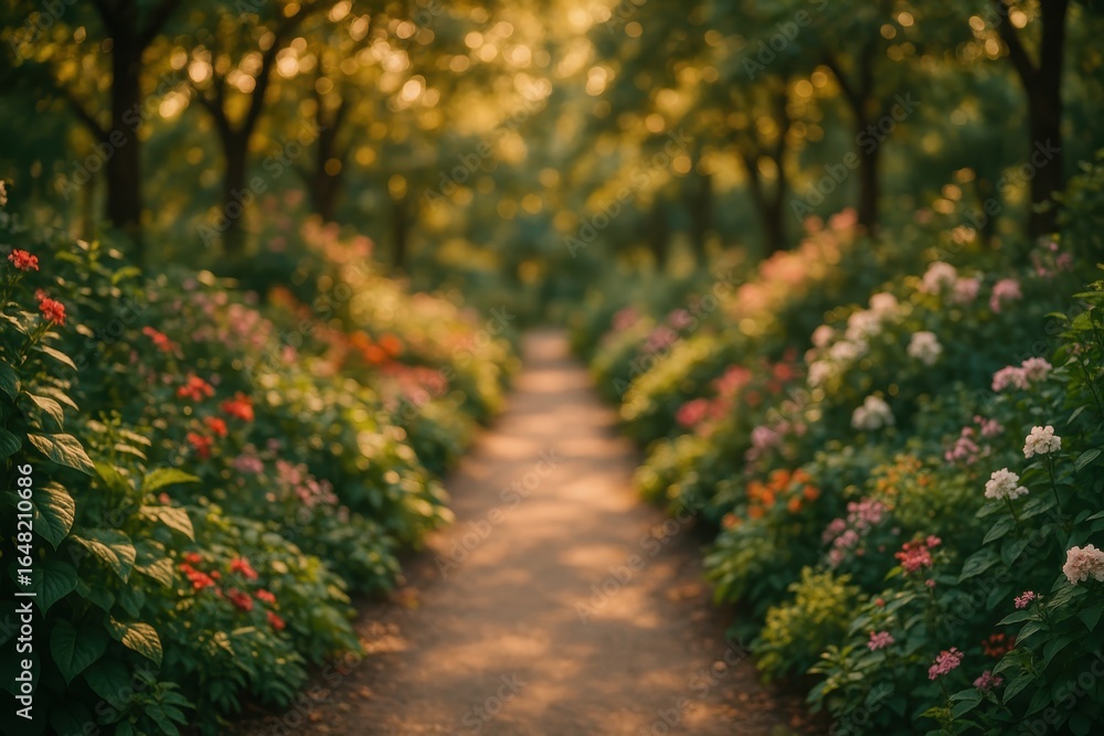 Naklejka premium Dreamy botanical garden pathway with soft-focus greenery and dappled sunlight creating peaceful natural ambiance