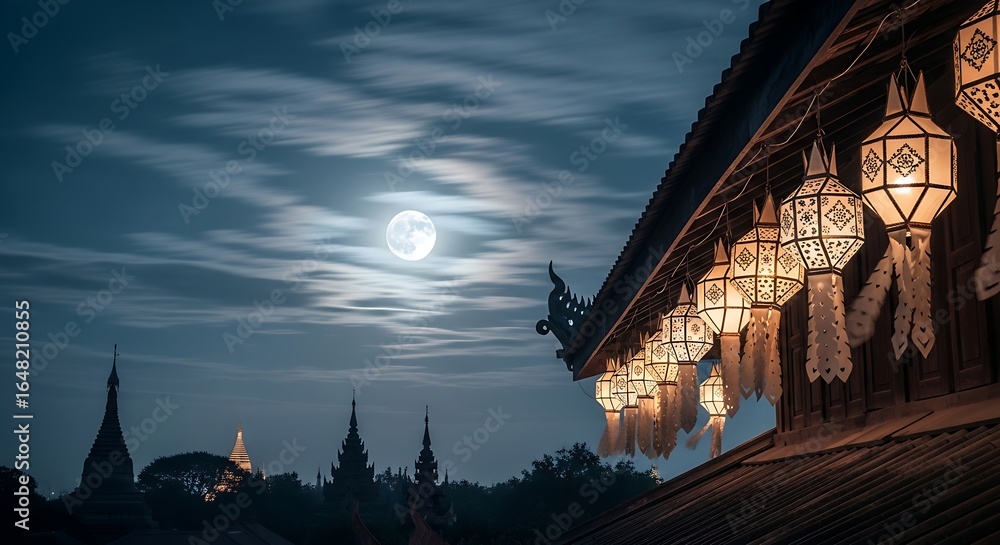 Obraz premium Serene Night in Southeast Asia Illuminated Lanterns Full Moon and Ancient Temples.
