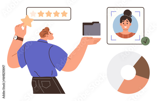 Male figure assigns a star rating, evaluates a profile, analyzes a pie chart, and holds a folder. Ideal for recruitment, performance evaluation, HR, productivity, data analysis employee rating