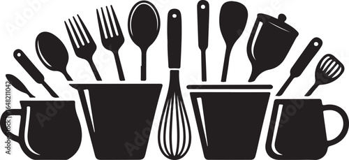 Kitchen Utensils in Black and White Graphic Illustration for Cooking Enthusiasts and Culinary Arts Design Templates Offers an Array of Tools