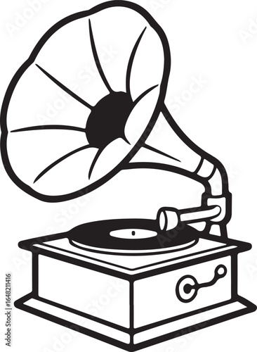Classic Hand-Drawn Gramophone Icon Pack Front-Facing Horn, Record Detail, Minimalist Line Style