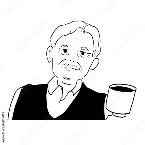 An elderly man holding a mug and looking warmly ahead.
