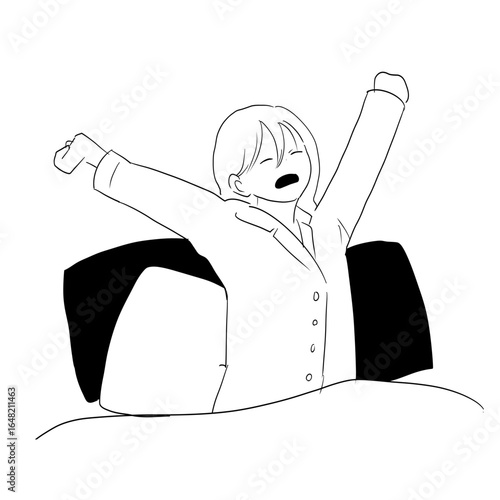 A sleepy woman stretching her arms after waking up.