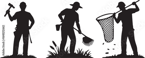 Silhouette Illustration of Various Workers in Different Professions Depicting a Handyman a Gardener and a Biologist Studying Wildlife Using a Net