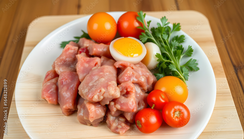 Minced preparation of barf raw food recipe for dogs consisting meat, organs, fish, eggs and vegetable, minimalism. White tone Minced preparation of barf raw food recipe for dogs consisting meat, organs, fish, eggs and vegetable, minimalism. White tone
