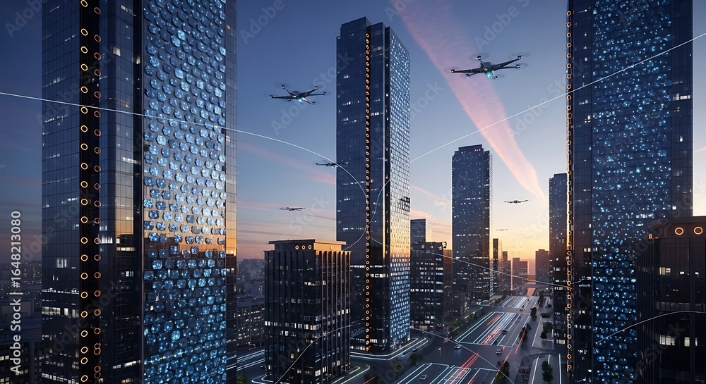 Obraz premium Cityscape featuring futuristic aerial vehicles and glowing networks. 