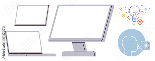 Computer monitor, laptop, tablet, lightbulb with gear icons, and human profile with app interface. Ideal for technology, innovation, creativity, education communication digital transformation