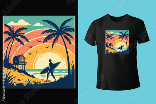 Colorful summer t-shirts on display at a vibrant store during sunny days.	