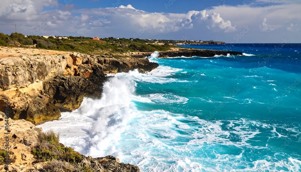 Fototapeta premium Dramatic coastal scene with turquoise waves crashing on rocky shore