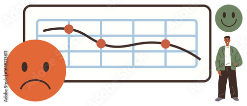 Line graph showing downward trend, large sad face, smaller happy face, and individual figure. Ideal for performance analysis, emotions tracking, business trends, psychology, market research feedback