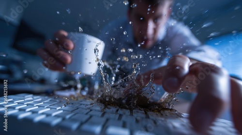 Coffee splash on keyboard as office worker reaches to catch spilling mug
