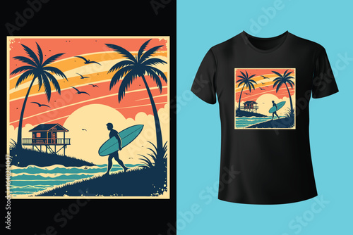 Colorful summer t-shirts on display at a vibrant store during sunny days.	