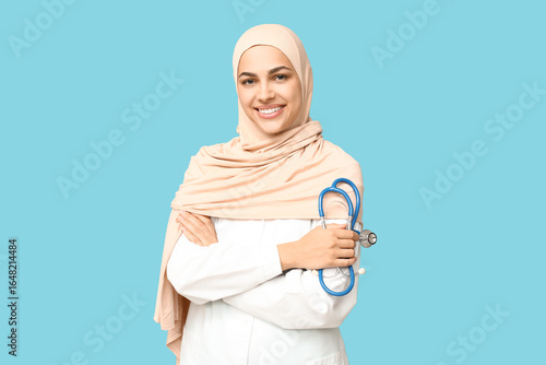 Healthcare diversity and medical professional, smiling young muslim female do...