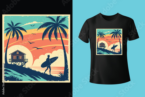 Colorful summer t-shirts on display at a vibrant store during sunny days.	