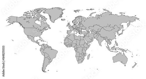A detailed political world map with gray outlines of countries and continents on a white background.